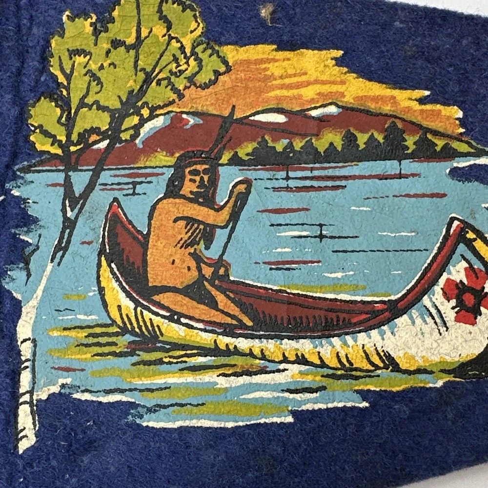 Brevort Michigan Souvenir Pennant Vintage Felt Flag Native American Canoe UP MI